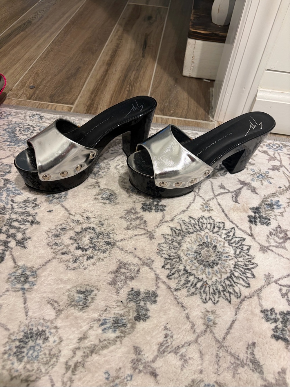 Giuseppe Zanotti Silver Metallic Slip-On Platform Mules with Black Heel